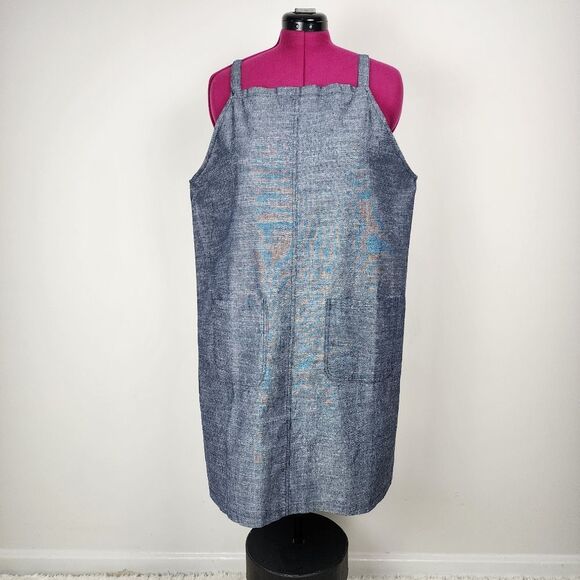 Luukse Cotton Linen Overall Dress in Blue with Patch Pockets Size 2X - Picture 4 of 16